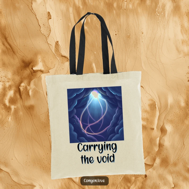 Funny abstract tote bag depicting luminous lines traversing a vast darkness, symbolizing unique paths.