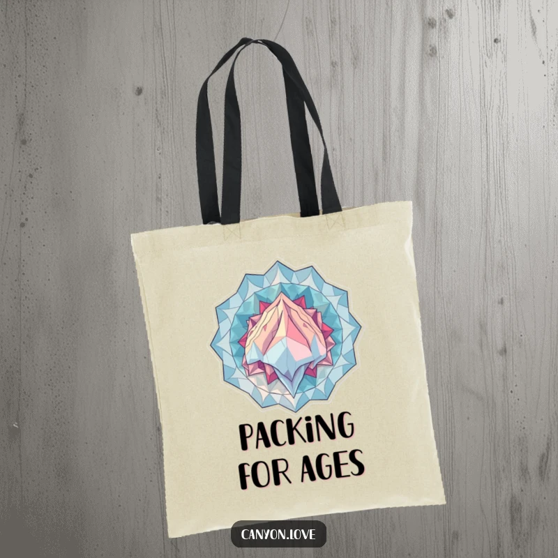 Funny Tote Bag with overlapping geometric patterns suggesting immense geological scale, a practical and humorous accessory for art enthusiasts.