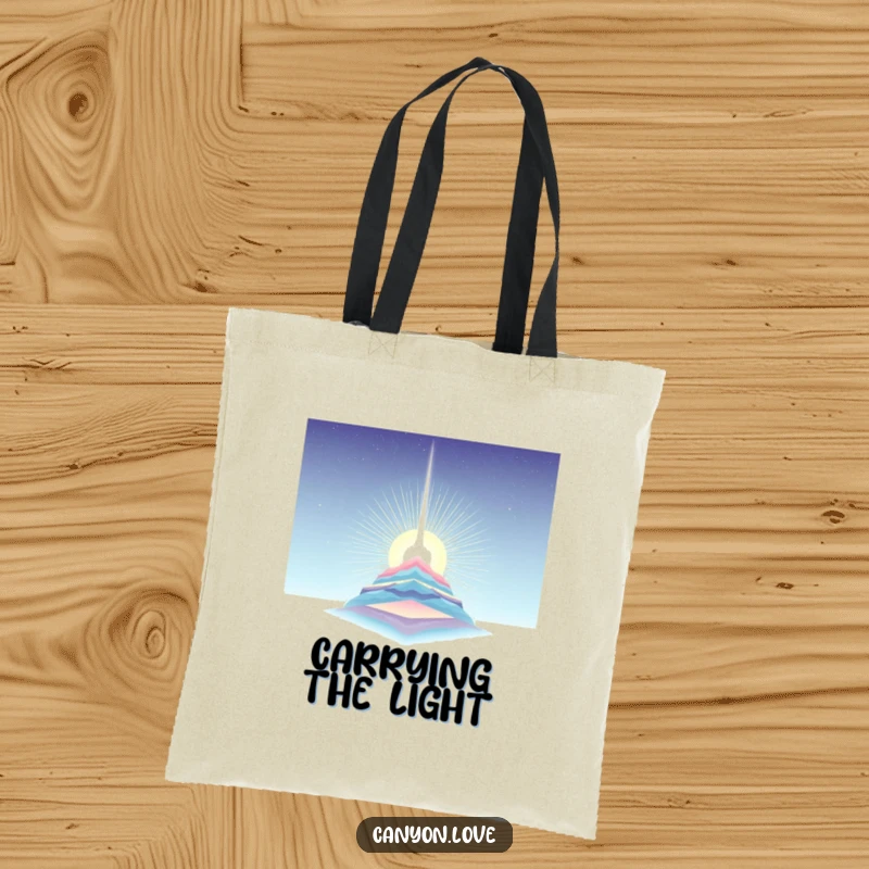 Funny Tote Bag with a light beam piercing layered strata, symbolizing discovery and hope with artistic and humorous appeal.