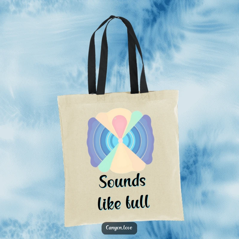 Funny Tote Bag with abstracted sound waves radiating from a central point, a practical and humorous accessory for music and art fans.