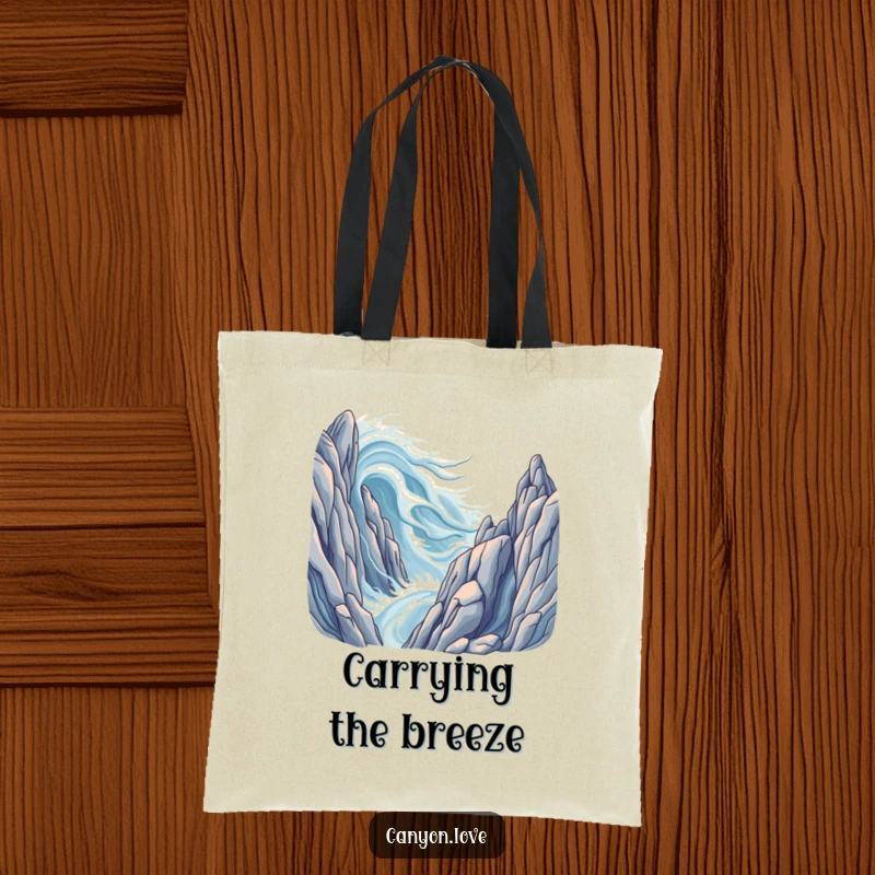 Funny tote bag depicting abstract wind patterns flowing over colossal, stylized rock formations, perfect for carrying essentials.