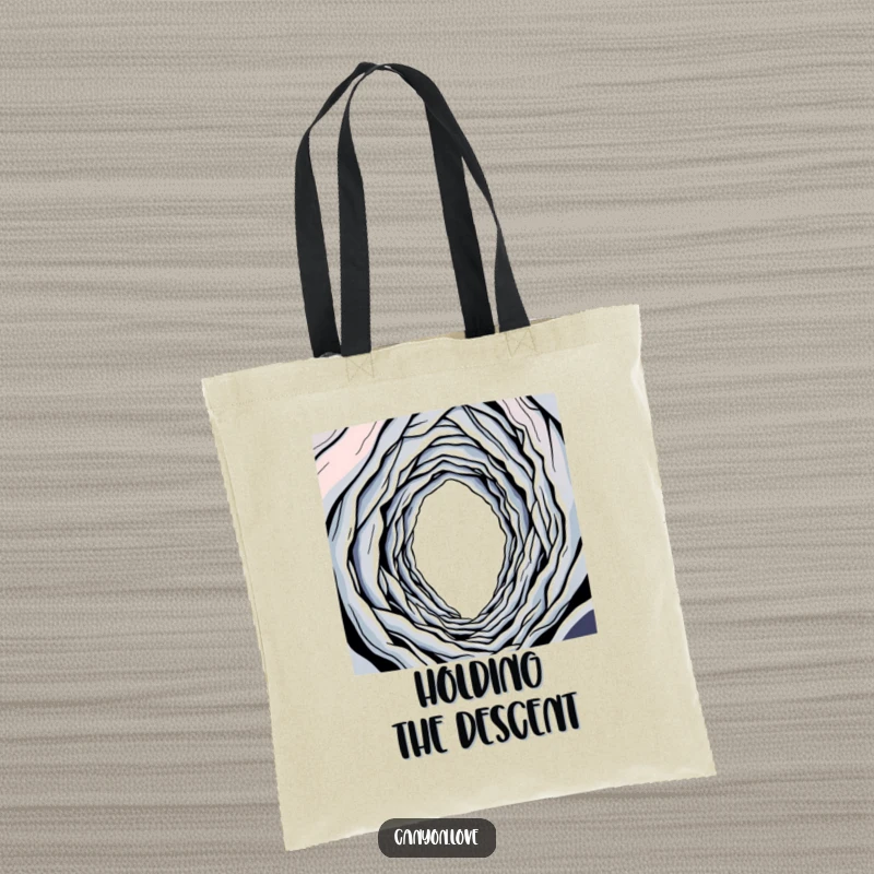Funny tote bag illustrated with a winding single line penetrating into a deep, abstract abyss, symbolizing life's path.