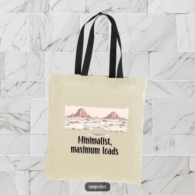 Funny Tote Bag featuring a minimalist depiction of a vast, rocky expanse, a stylish and practical accessory with a serene theme.